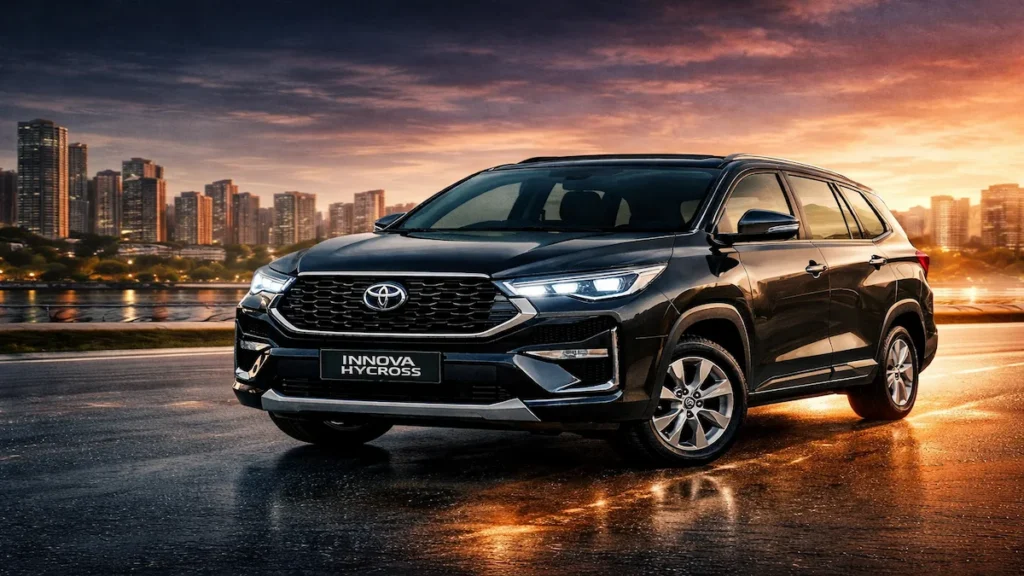 Toyota Innova Hycross 2026 premium hybrid MPV front view with modern design and LED headlights on city road