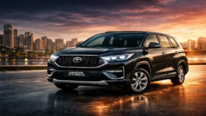 Toyota Innova Hycross 2026 premium hybrid MPV front view with modern design and LED headlights on city road