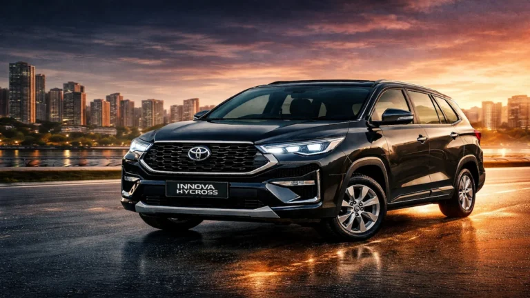 Toyota Innova Hycross 2026 premium hybrid MPV front view with modern design and LED headlights on city road